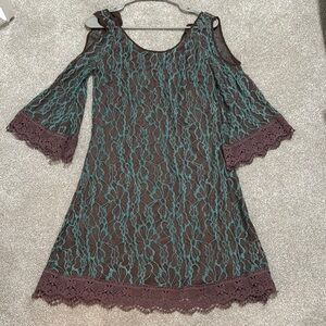 Brown and Teal A-line Dress with 3/4 Bell Sleeves for Wedding Guest